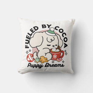 Fueled by Cocoa and Puppy Dreams – Cute Winter Dog Throw Pillow