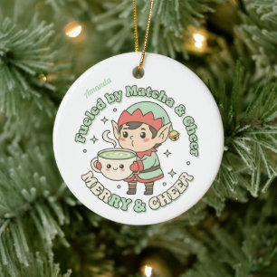 Fueled by Matcha & Cheer Christmas Elf Ceramic Ornament