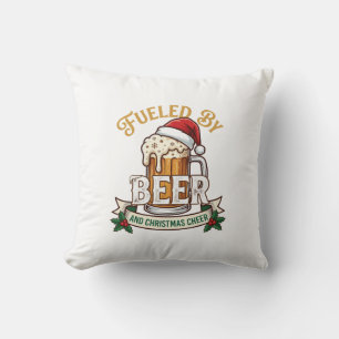 Fuelled Beer Christmas Cheer Mug Santa Hat Holly Throw Pillow