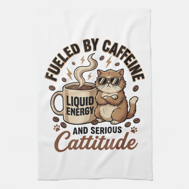 Fuelled by Caffeine and Serious Cattitude Funny Ca Kitchen Towel (Vertical)