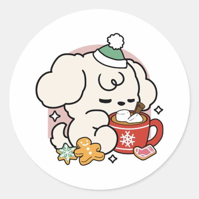 Fuelled by Cocoa and Puppy Dreams – Cute Winter Do Classic Round Sticker (Front)