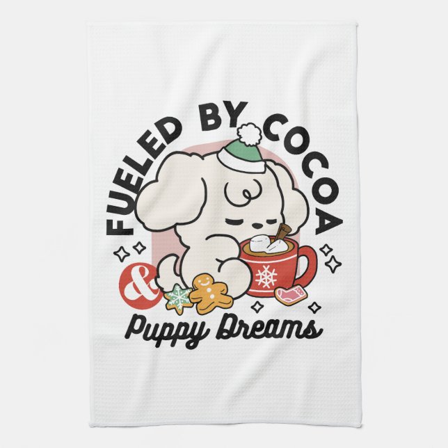 Fuelled by Cocoa and Puppy Dreams – Cute Winter Do Kitchen Towel (Vertical)