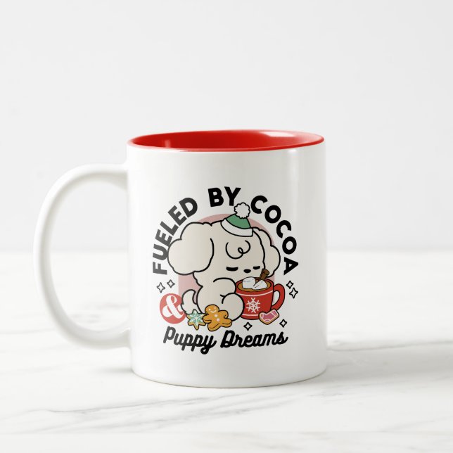 Fuelled by Cocoa and Puppy Dreams – Cute Winter Do Two-Tone Coffee Mug (Left)