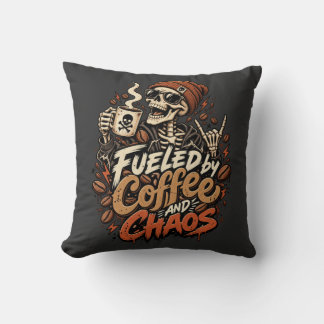 Fuelled by Coffee and Chaos Skeleton Throw Pillow