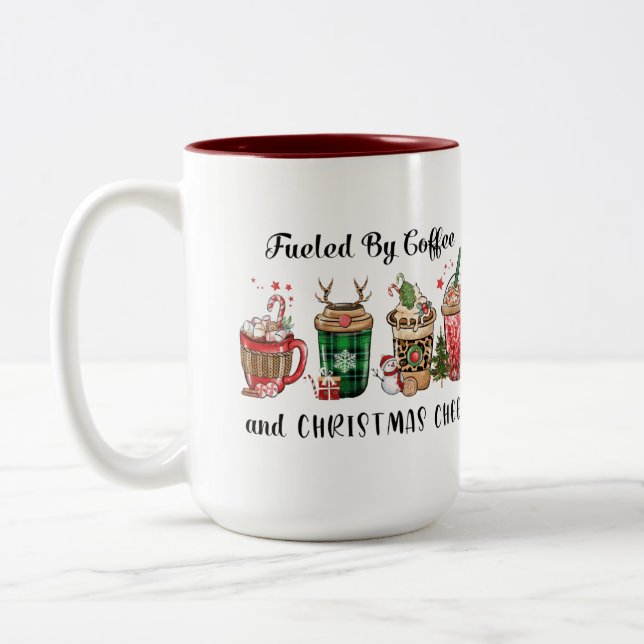 Fuelled by Coffee and Christmas Cheer Two-Tone Coffee Mug (Left)