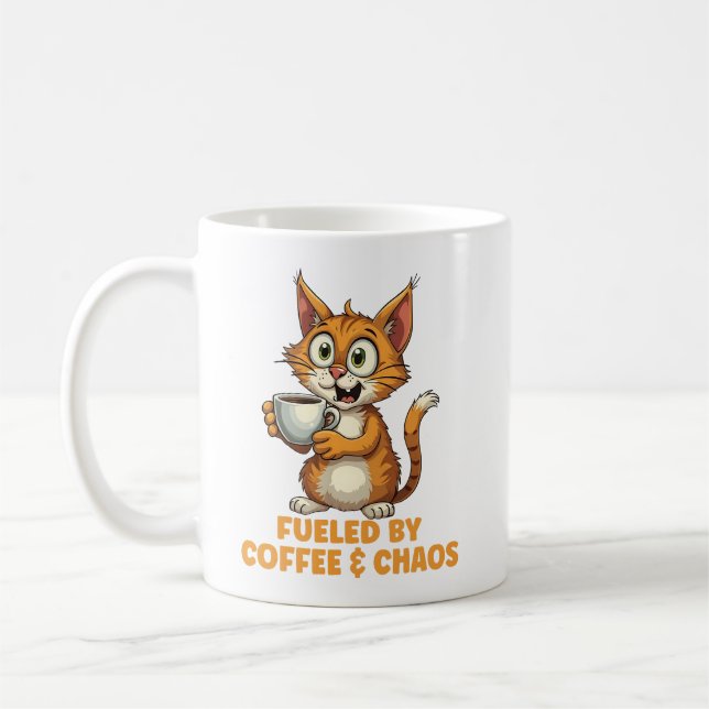 Fuelled By Coffee & Chaos, Funny Cat With Coffee Coffee Mug (Left)