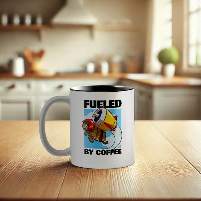 Fuelled By Coffee Funny Flying Tortoise Cartoon Two-Tone Coffee Mug (Creator Uploaded)