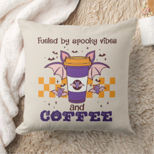 Fuelled By Spooky Vibes and Coffee – Halloween Bat Throw Pillow