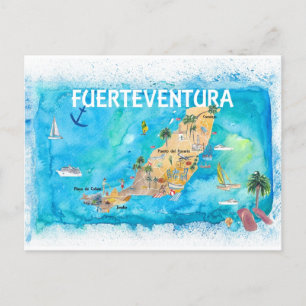 Fuerteventura Canarias Spain Illustrated Map Postcard