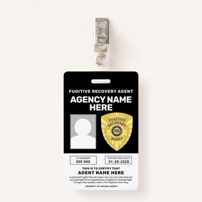 FUGITIVE RECOVERY AGENT BADGE  (Front with Clip)