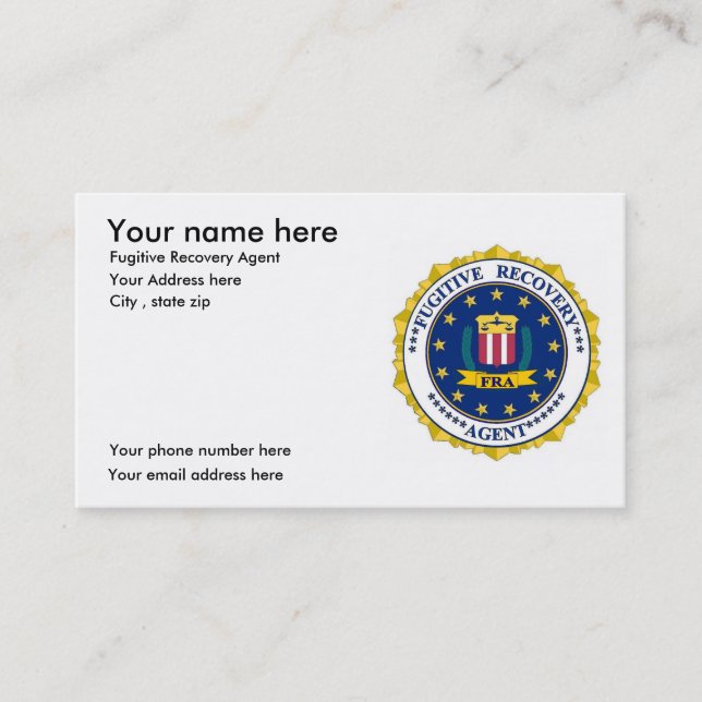 FUGITIVE RECOVERY AGENT business cards (Front)