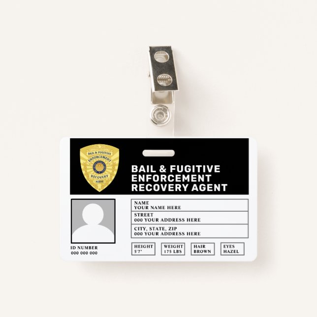 FUGITIVE RECOVERY & BAIL ENFORCEMENT AGENT BADGE (Front with Clip)