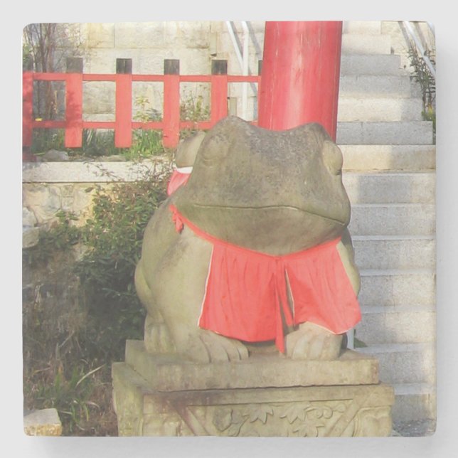 Fuku Kaeru 福かえる Fortune Frog with Red Yodarekake Stone Coaster (Front)