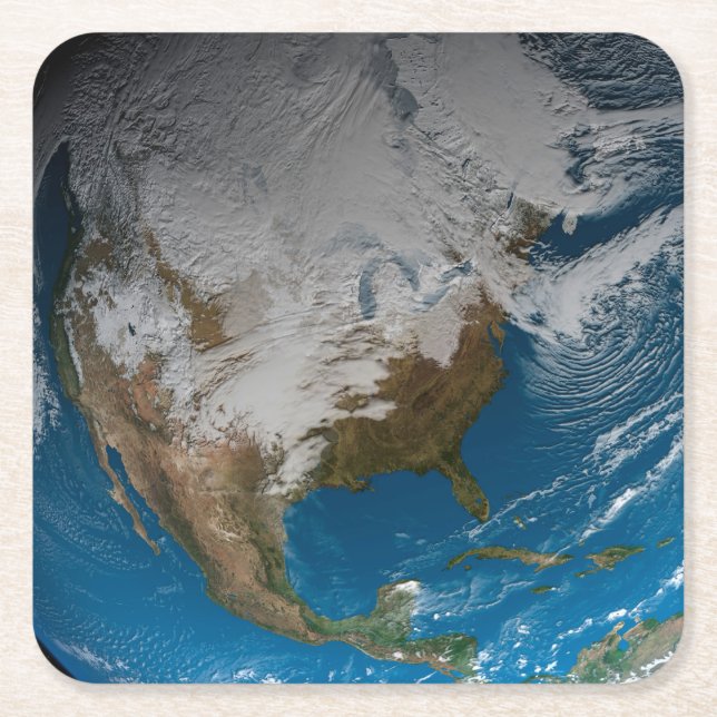 Ful Earth With Simulated Clouds Over North America Square Paper Coaster (Front)