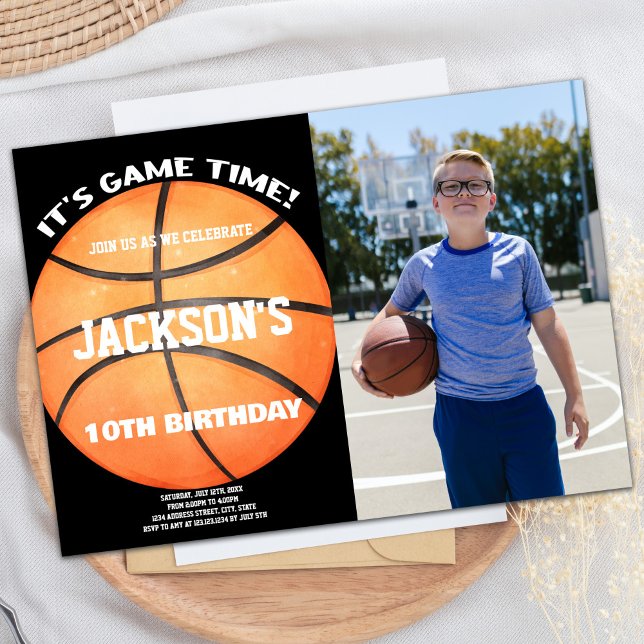 Full Ball Black Photo Basketball Ball White Invitation (Full Ball Black Photo Basketball Ball White Invitation)