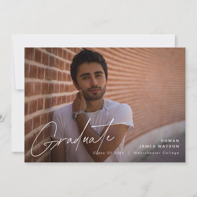 Full-bleed single photo landscape modern script announcement (Front)