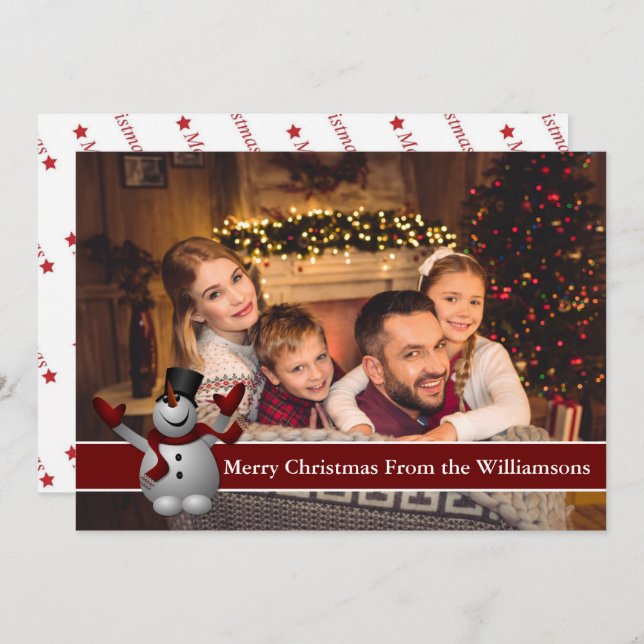 Full Card Photo Snowman With Red Text Band (Front/Back)