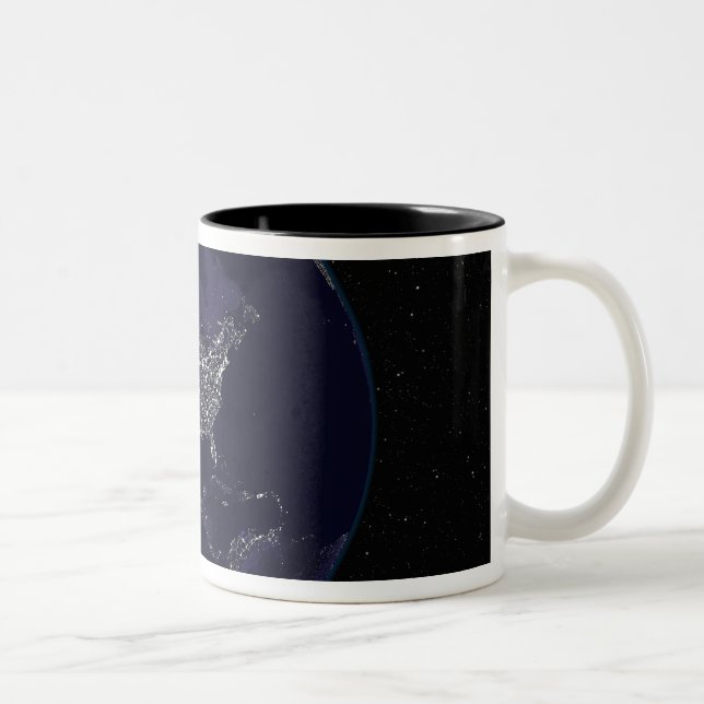 Full Earth at night showing city lights 4 Two-Tone Coffee Mug (Right)