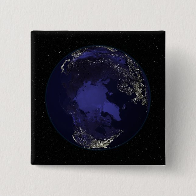 Full Earth at night showing city lights 5 2 Inch Square Button (Front)
