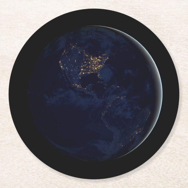 Full Earth At Night With City Lights Of Americas Round Paper Coaster (Front)