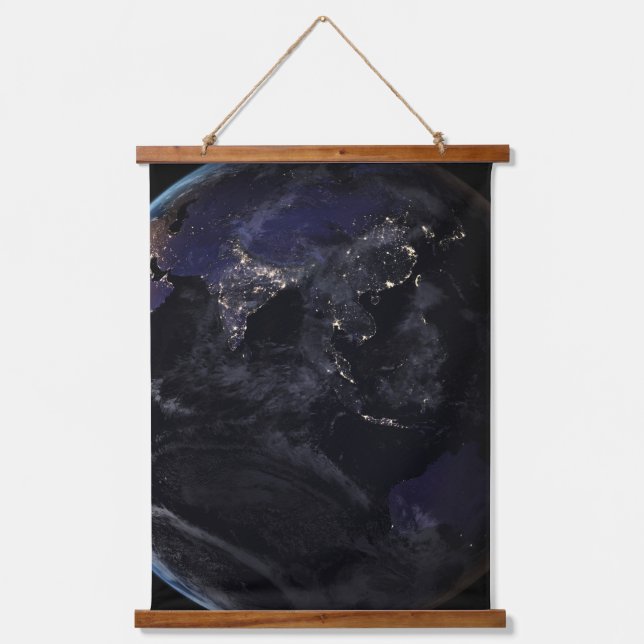 Full Earth Showing City Lights Of Asia At Night. Hanging Tapestry (Front)