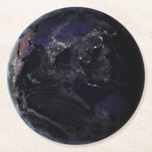 Full Earth Showing City Lights Of Asia At Night. Round Paper Coaster