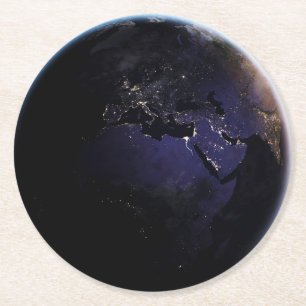 Full Earth Showing City Lights Of Europe At Night. Round Paper Coaster
