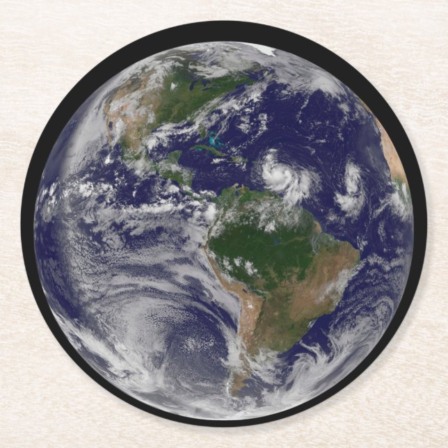 Full Earth With Tropical Storms In The Atlantic Round Paper Coaster (Front)