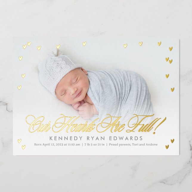 Full Hearts Foil Baby Birth Announcement (Front)