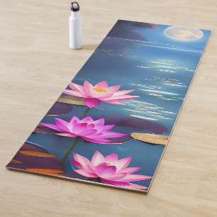 Full Moon and Beautiful Pink Lotus Flowers Yoga Mat