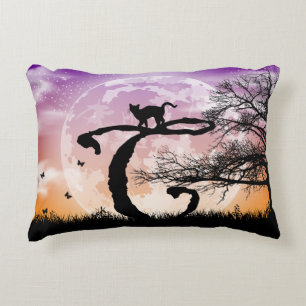 Full Moon and Cat C Initial Monogram Luggage Tag Accent Pillow