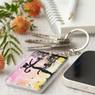 Full Moon and Cat F Initial Monogram Keychain