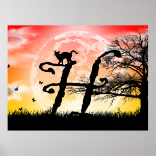 Full Moon and Cat H Initial Monogram Poster