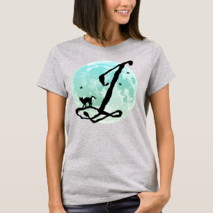 Full Moon and Cat J Initial Monogram T-Shirt