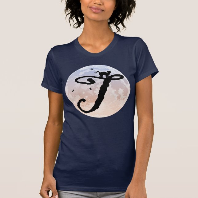 Full Moon and Cat T Initial Monogram T-Shirt (Front)