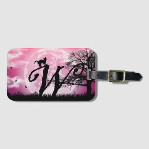Full Moon and Cat W Initial Monogram Luggage Tag