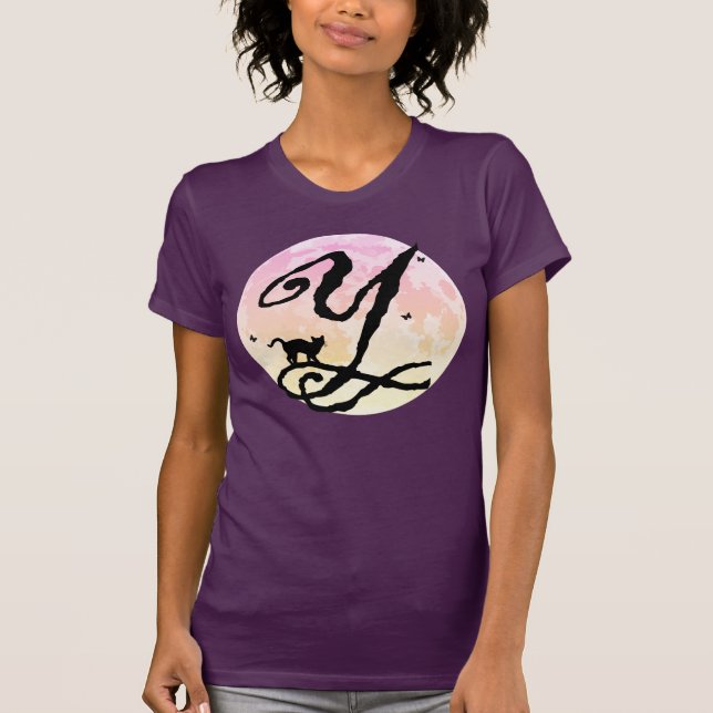 Full Moon and Cat Y Initial Monogram T-Shirt (Front)