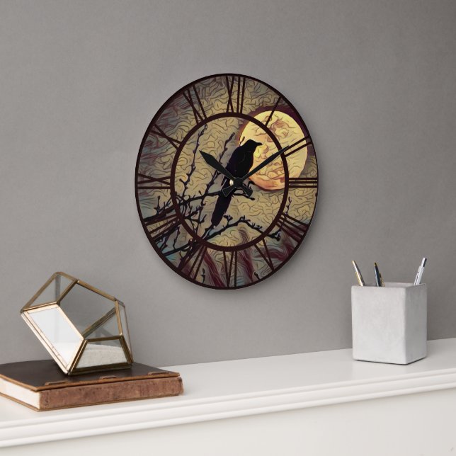 Full Moon and Crow Autumn Fall Digital Painting Large Clock (Office)