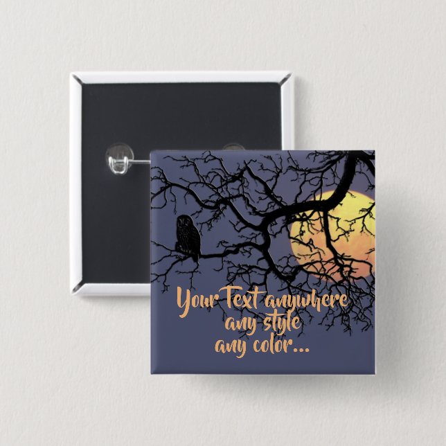 Full Moon and Owl Silhouette 2 Inch Square Button (Front & Back)