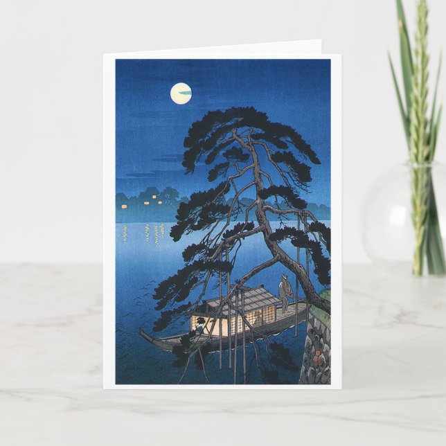 Full Moon and Pine Tree, Koho Shoda, Woodcut Card (Front)