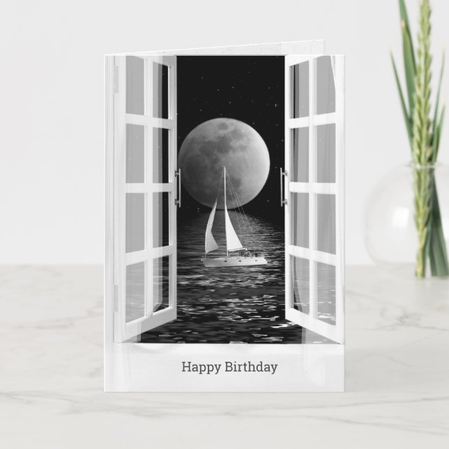 Full moon and sailboat on ocean birthday card (Front)