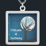 Full Moon and Stars Wedding Silver Plated Necklace<br><div class="desc">The perfect necklace for the Bride and Groom celebrating their marriage by the light of a full moon. The design features the silhouette of a tree in front of a large full moon against a starry night sky with the names of the Bride and Groom. If you require assistance with...</div>