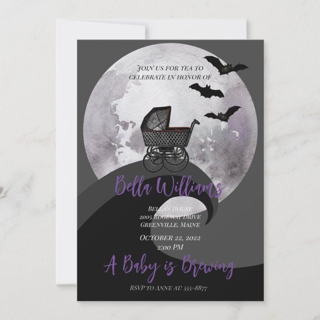 Full Moon Baby Carriage Bat Witchy Baby Shower Invitation (Front)