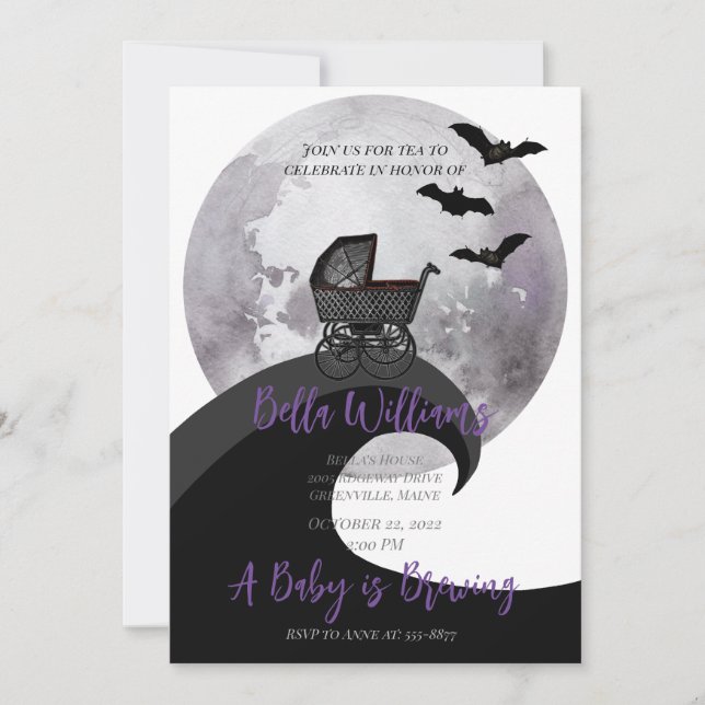 Full Moon Baby Carriage Bat Witchy Baby Shower Invitation (Front)