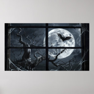 Full Moon Bat Poster – Gothic Window View Art