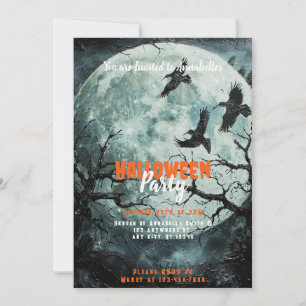 Full Moon Black Birds Creepy Halloween Party Invitation