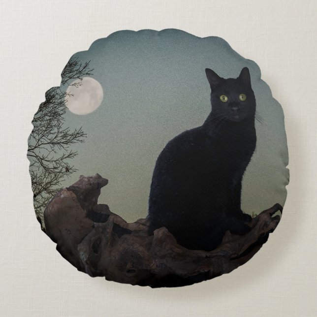 Full Moon Black Cat on a Tree Round Pillow (Front)