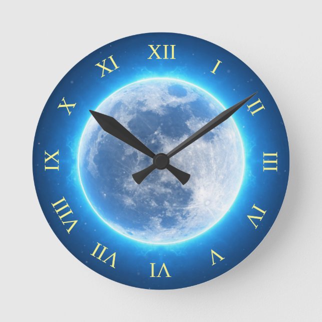 Full Moon, Blue Glow Round Clock (Front)