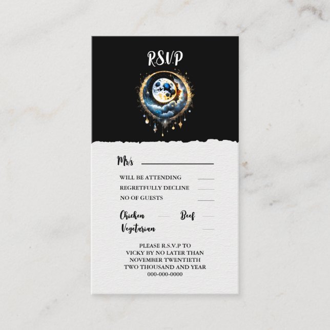 Full moon celestial starry night elegant rsvp advice card (Front)