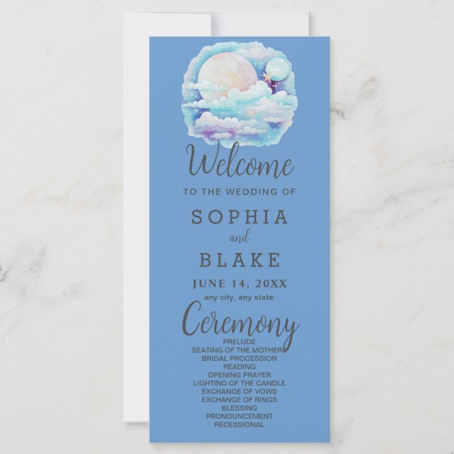 Full Moon Celestial Stars Blue Wedding Program (Front)